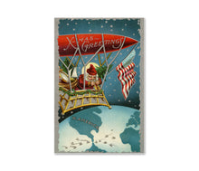 Load image into Gallery viewer, 1914 Santa Claus Christmas Poster: Vintage, Whimsical, Blimp, Airship, Dirigible, Toys, Tree, Holidays, Flag