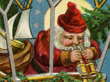 Load image into Gallery viewer, 1914 Santa Claus Christmas Poster: Vintage, Whimsical, Blimp, Airship, Dirigible, Toys, Tree, Holidays, Flag