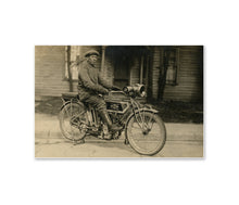 Load image into Gallery viewer, 1912 Excelsior Motorcycle Poster – Antique Motorbike Sepia Photo, Rider Wall Art, Retro Biker Decor, Vintage Historic Transportation Print