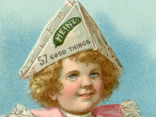 Load image into Gallery viewer, Vintage Cute Trade Card POSTER! (up to 24" x 36") - c. 1900 - Baked Beans - Ketchup - Mustard - Condiments - Kitchen - Art