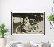 Load image into Gallery viewer, Vintage Sidecar Motorcycle Photo Print – Antique Women Biker Wall Art – Retro Feminist Decor – Sepia Vintage Motorcycle Poster – Early 1900s