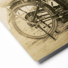 Load image into Gallery viewer, Vintage Motorcycle Photo Print – Sepia Tone Metal Wall Art