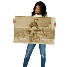 Load image into Gallery viewer, Vintage Motorcycle Photo Print – Sepia Tone Metal Wall Art