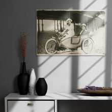 Load image into Gallery viewer, Early Motorcycle & Sidecar Photo Artwork – Glossy Metal Wall Art – Women – Biker – Vintage Style
