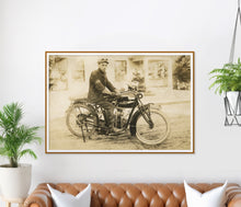 Load image into Gallery viewer, Vintage Motorcycle Wall Art – Antique Indian Motorbike Sepia Print – Historic Biker Photo Poster – Rustic Decor – Retro Biker Gifts