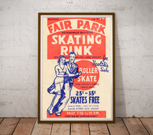 Load image into Gallery viewer, Vintage Roller-Skating POSTER! (up to 24" x 36") - c. 1940 - Fair Park - Skates - Couple - Rink - Flyer - Sticker