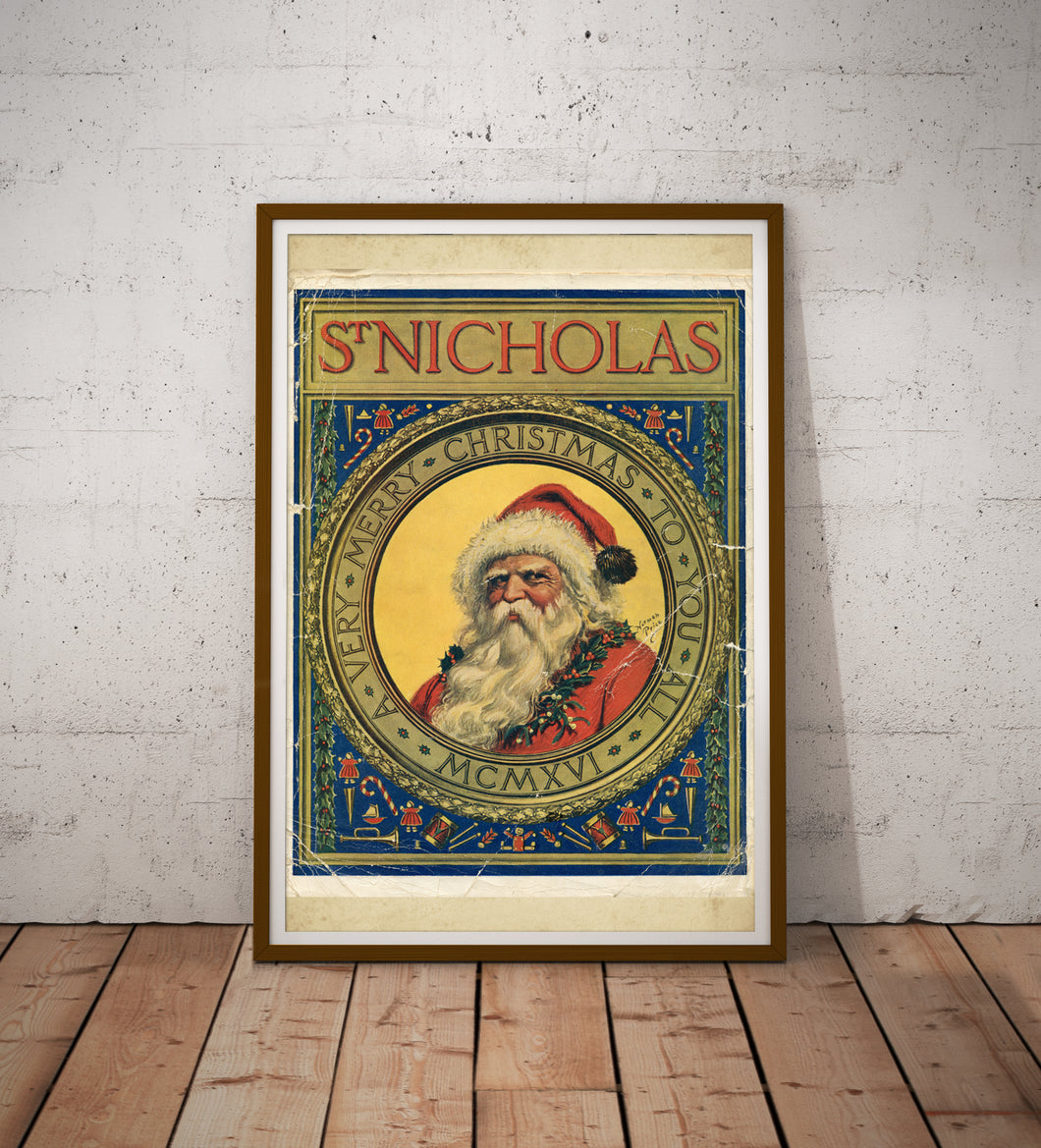 1916 St. Nicholas Christmas Poster – Vintage Antique Santa Claus Holiday Wall Art Print