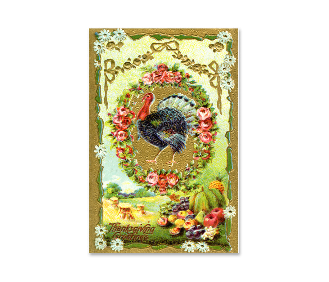 Vintage 1908 Thanksgiving Turkey POSTER: Gold Embossed, Retro Fall Harvest Wall Art Print