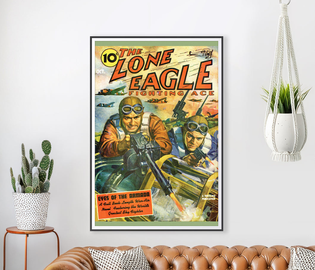 1940 Fighting Ace Poster Print – Vintage WW2 Aviation Pulp Magazine Cover Art, Retro Airplane War Pilot Wall Decor, Military Art