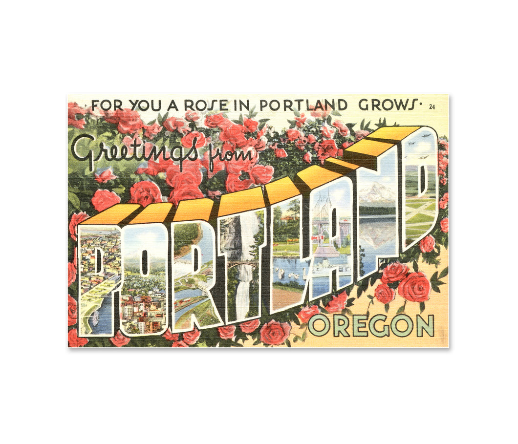 Vintage Portland Oregon Travel Poster, Large Letter Souvenir Art Print, Roses, Greetings