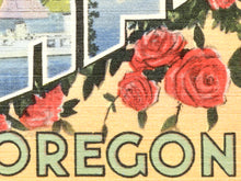 Load image into Gallery viewer, Vintage Portland Oregon Travel Poster, Large Letter Souvenir Art Print, Roses, Greetings
