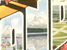 Load image into Gallery viewer, Vintage Portland Oregon Travel Poster, Large Letter Souvenir Art Print, Roses, Greetings

