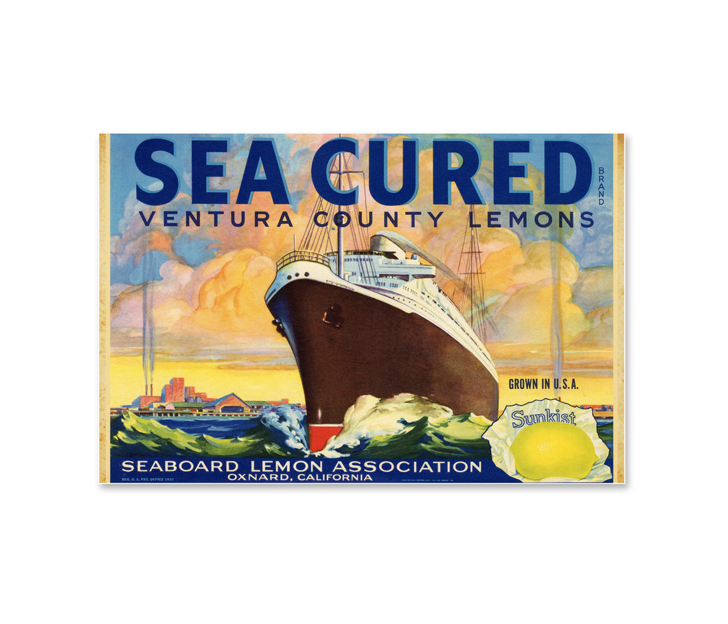 Sea Cured Ventura County Lemons Poster – Vintage California Citrus Crate Label Art, Nautical Ship Illustration, Fruit Advertising Print