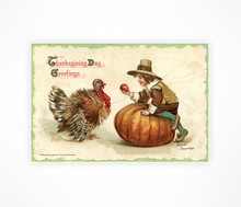 Load image into Gallery viewer, Thanksgiving Poster Vintage Style - Early 1900&#39;s Postcard - Turkey Pumpkin Apple Pilgrim
