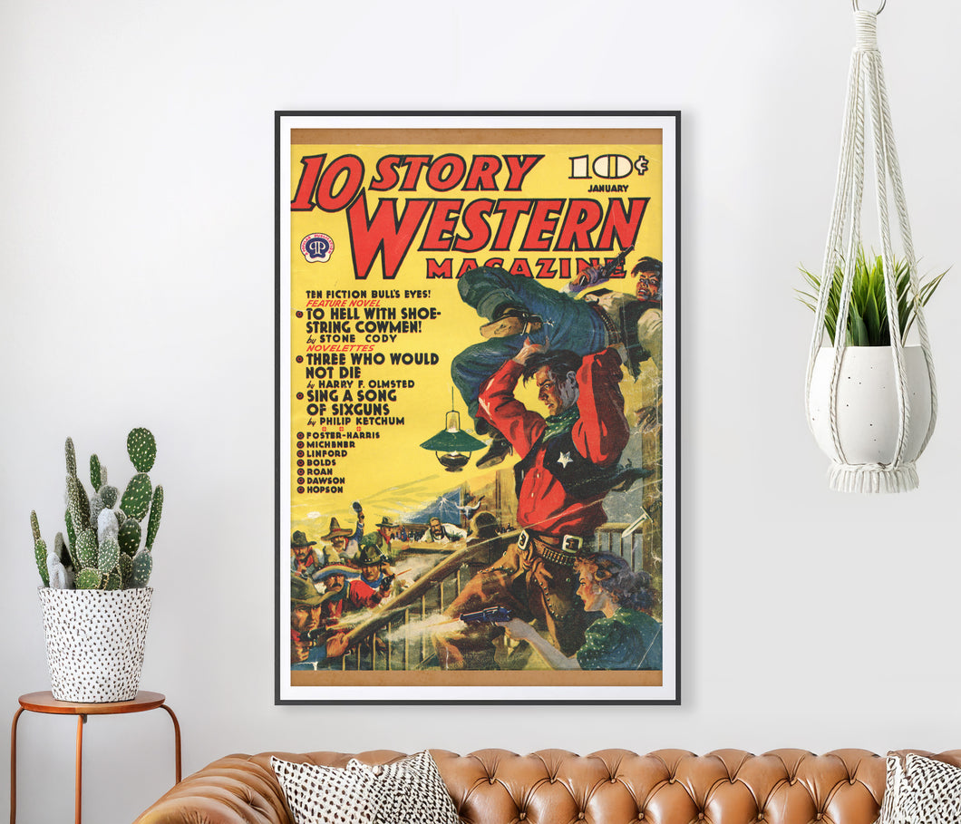 Vintage Western Pulp Magazine Poster – 10 Story Western Cover Art Print – Retro Cowboy Wall Decor – Rustic Wild West Man Cave Gift
