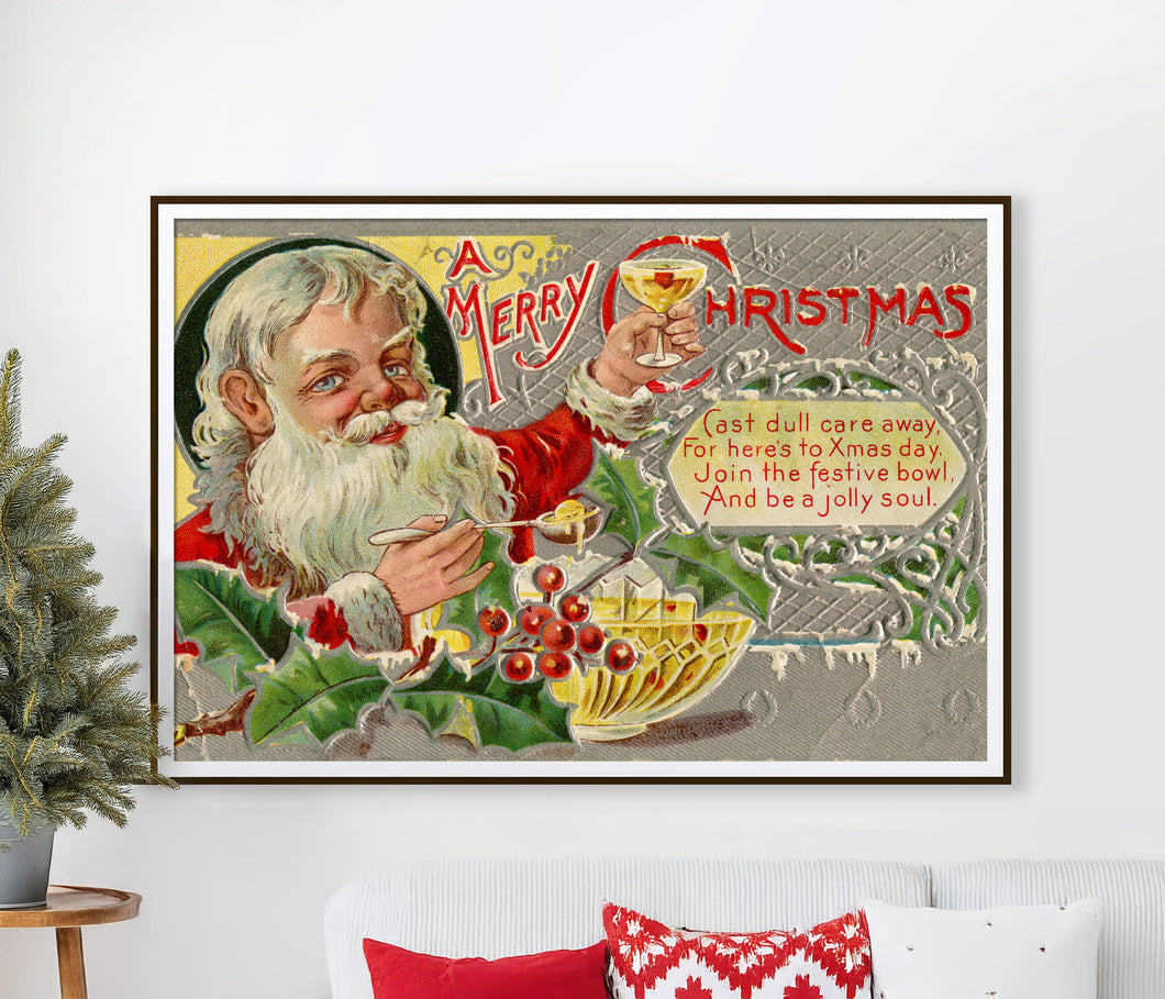 1916 Vintage Santa Postcard Poster - Martini - Punch Bowl - Party - Silver