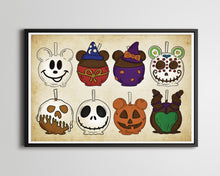 Load image into Gallery viewer, Spooky Disney Caramel Apples POSTER! (up to 24&quot; x 36&quot;) - Halloween - Candy - Disneyland - Disney World - Illustration - Mickey Mouse - Art
