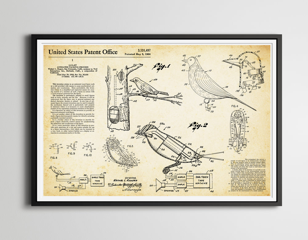 1964 Disney's ENCHANTED TIKI ROOM Patent Art Poster! - Singing Birds - Vintage