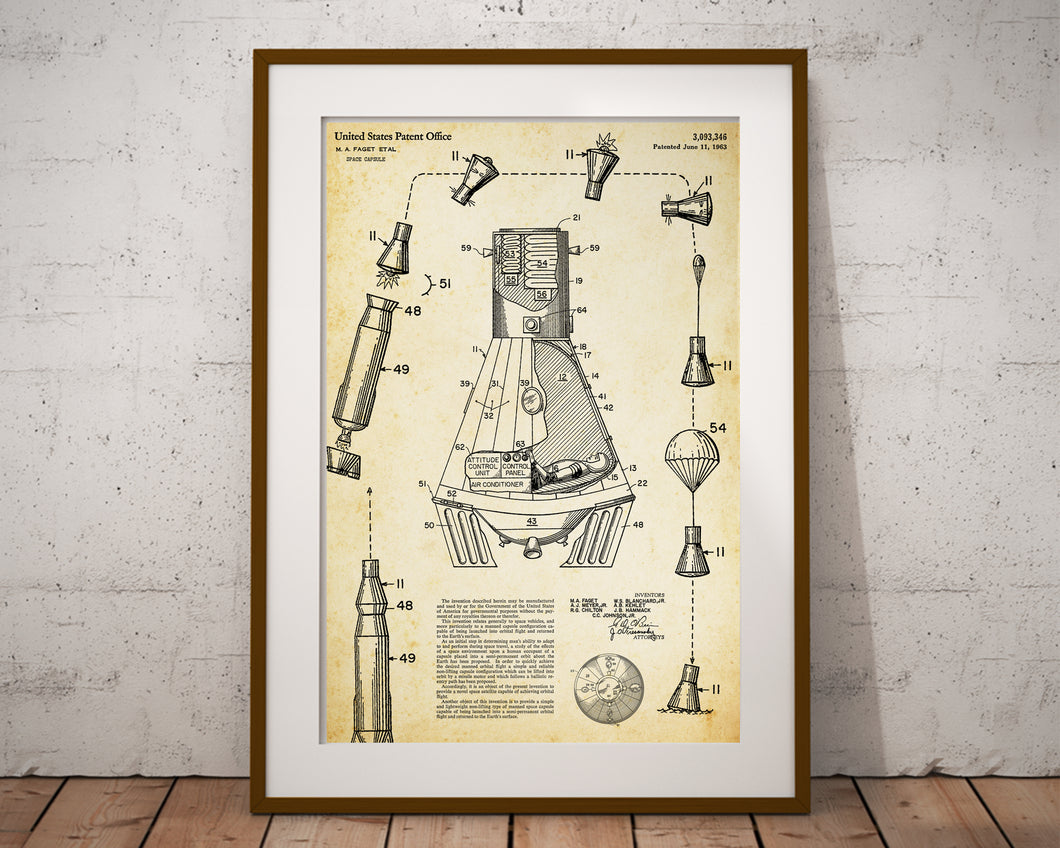 1963 NASA Space Capsule Patent Poster! (up to 24 x 36 inches) - Mercury - Apollo - Astronauts