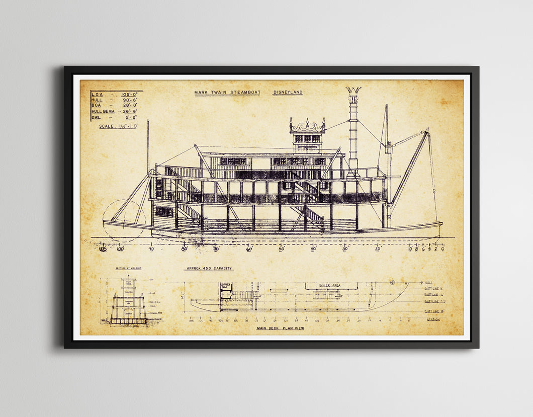 Vintage Mark Twain STEAMBOAT Blueprint POSTER! (up to 24 x 36 inches) - Disneyland - Frontierland - Riverboat