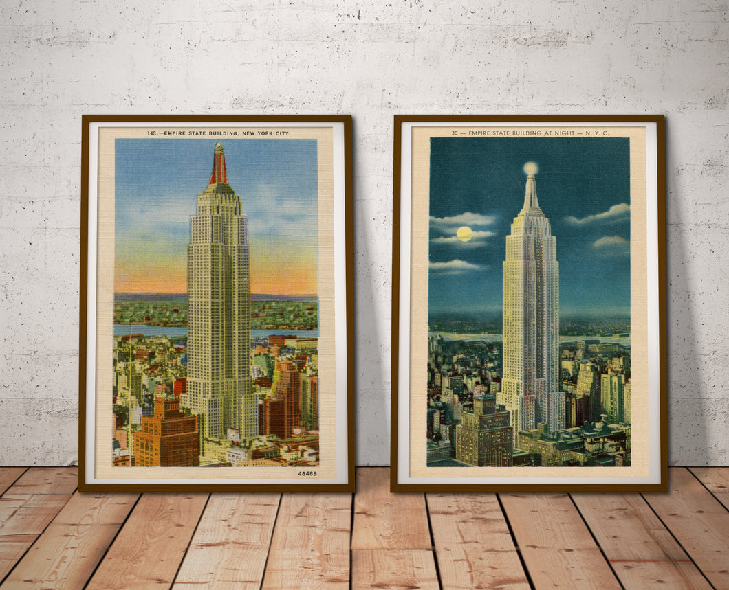 Empire State Building Night & Day POSTER SET! (up to 24 x 36) - Vintage Postcards - New York City - Art Deco - Antique - Cityscape