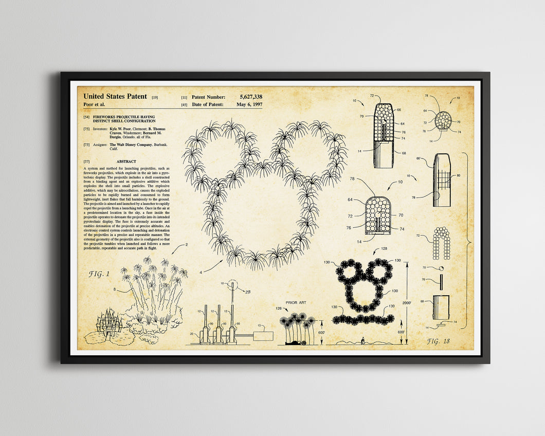 Mickey FIREWORKS Display Patent POSTER! (up to full-size 24 x 36) - Disneyland - Disney World - Magic Kingdom - Theme Park - Patents - Gifts