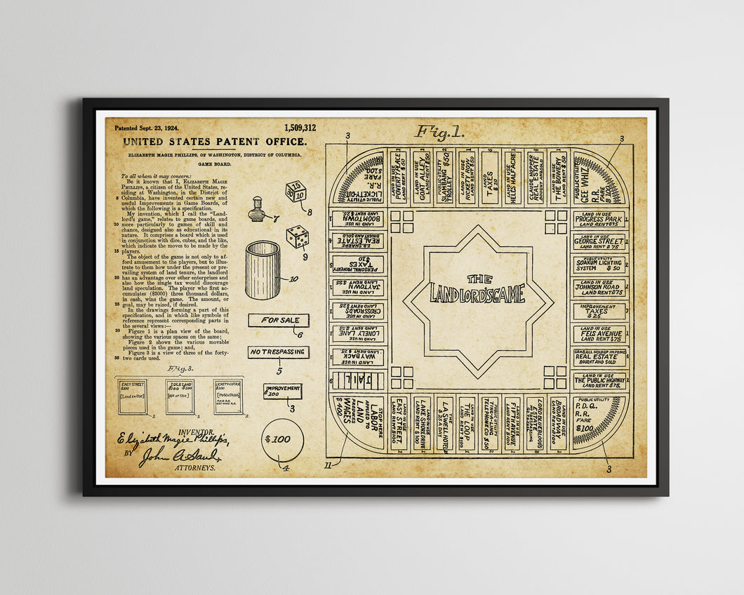 1924 Landlord's Game Patent POSTER! (up to 24